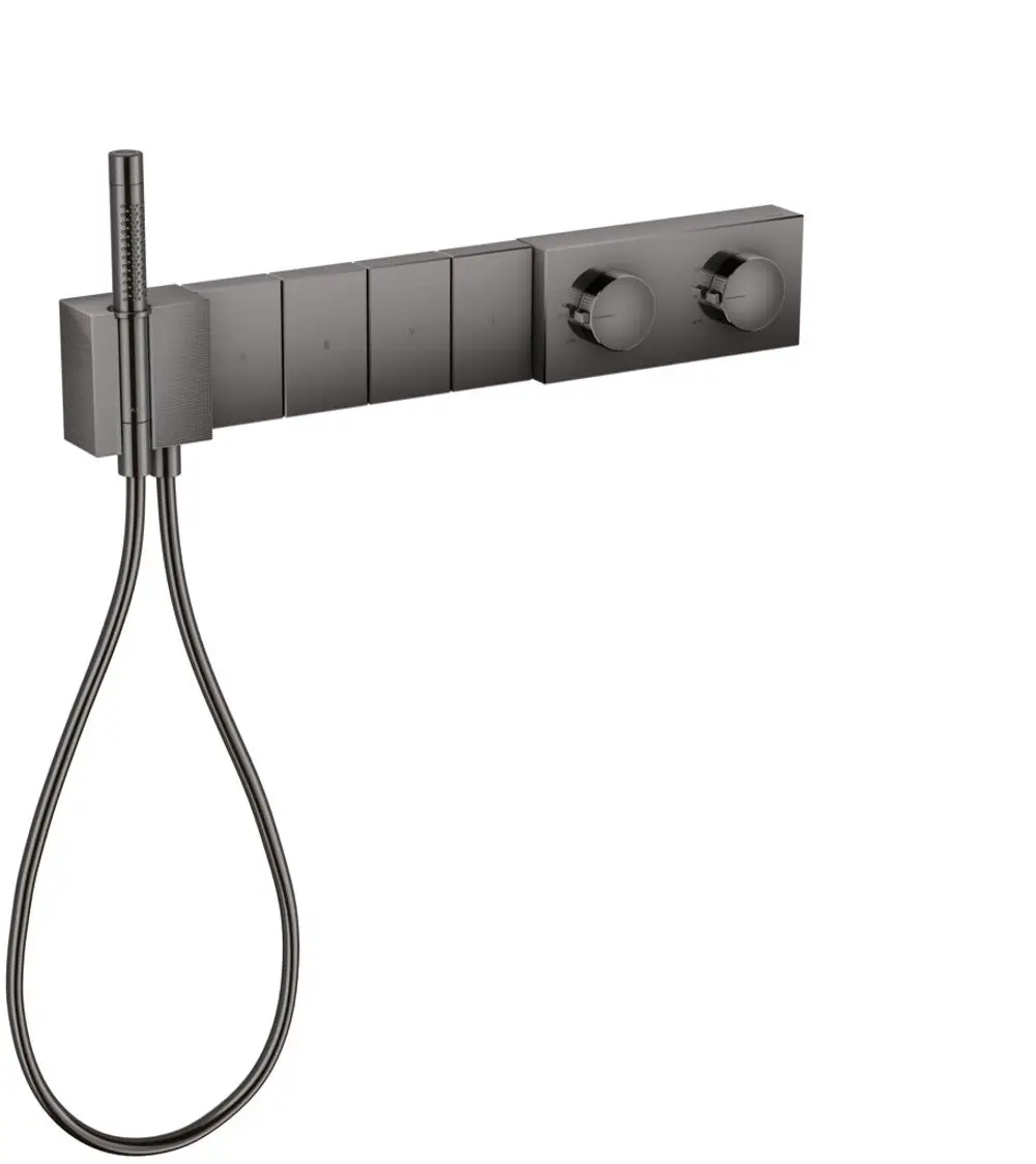 Thermostatmodul der Marke AXOR in mattem Schwarz mit zwei Bedienelementen und einer Handbrause. Geeignet für den Unterputz und zur Steuerung mehrerer Verbraucher.